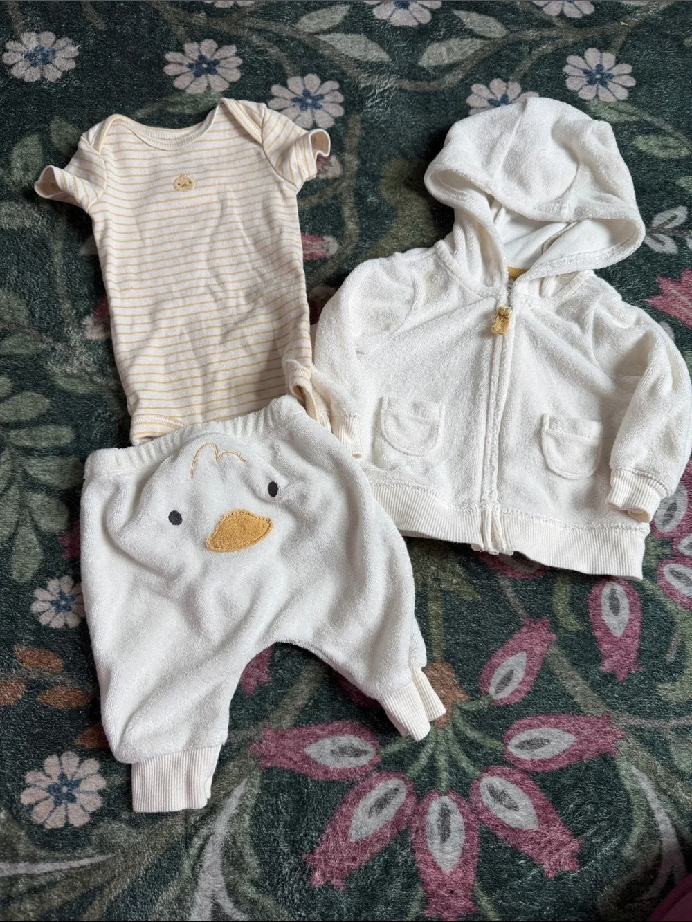 Carter's White Hooded Jacket, Pants & Cream-Striped Onesie